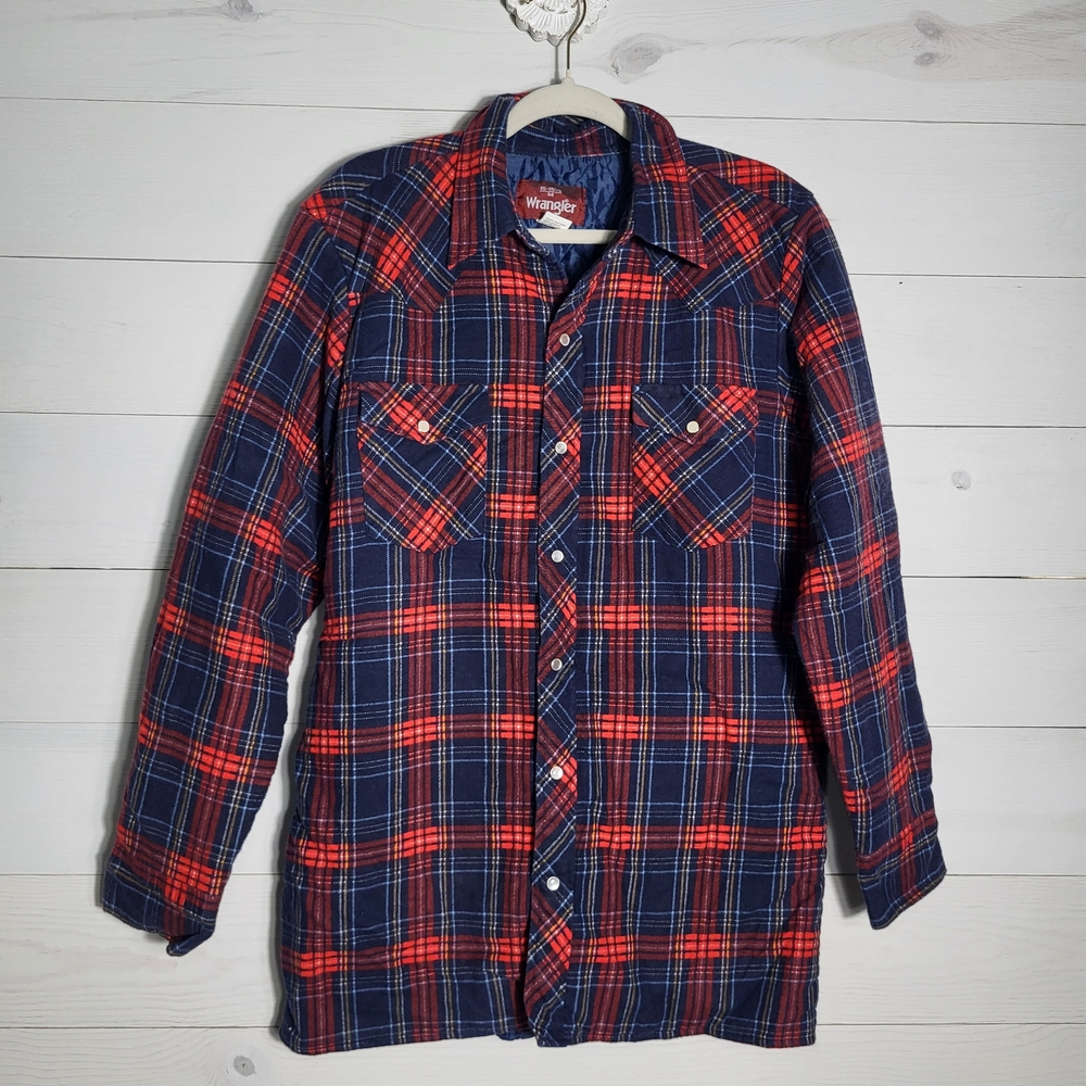 Wrangler Shirt Jacket Quilted Lining Plaid Pearlized Button Western Gorpcore.